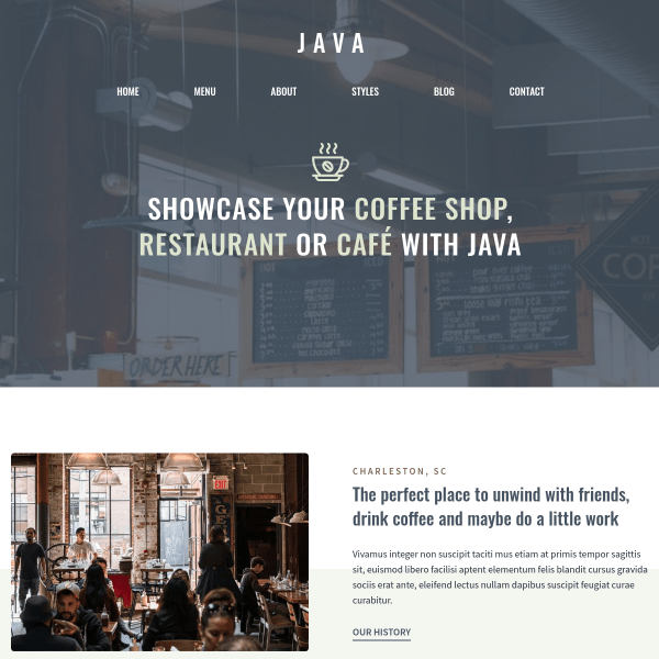 java coffeeshop website design screenshot