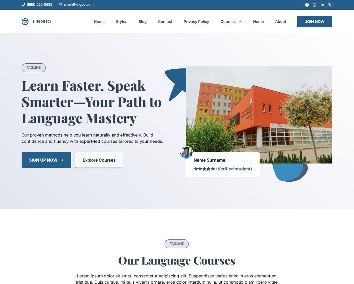 linguo language education online course website design generatepress screenshot